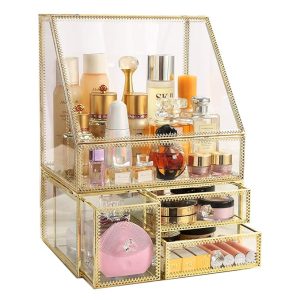 MOOCHI Golden Vintage Glass Cosmetic Makeup Organizer 3 Drawers Set Dust Waterproof Cosmetics Storage Display Case Countertop for Brushes Lipsticks Jewellery